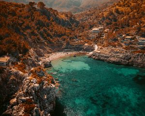 Preview wallpaper sea, rocks, aerial view, coast, beach, bay