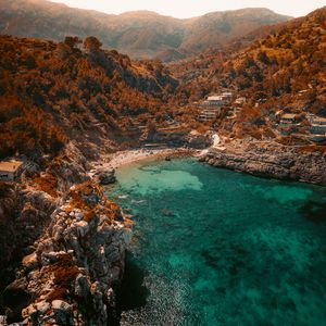 Preview wallpaper sea, rocks, aerial view, coast, beach, bay