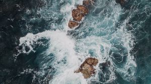 Preview wallpaper sea, rocks, aerial view, waves, water