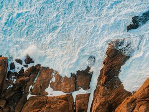 Preview wallpaper sea, rocks, aerial view, coast, waves