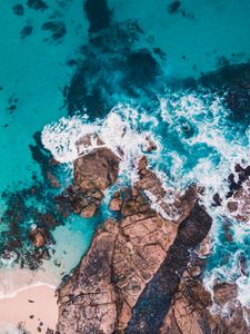 Preview wallpaper sea, rocks, aerial view, shore