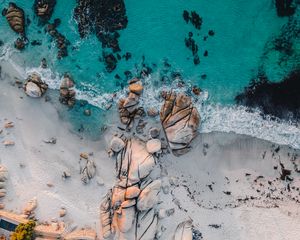 Preview wallpaper sea, rocks, beach, buildings, palm trees, aerial view