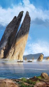 Preview wallpaper sea, rocks, boats, coast, art