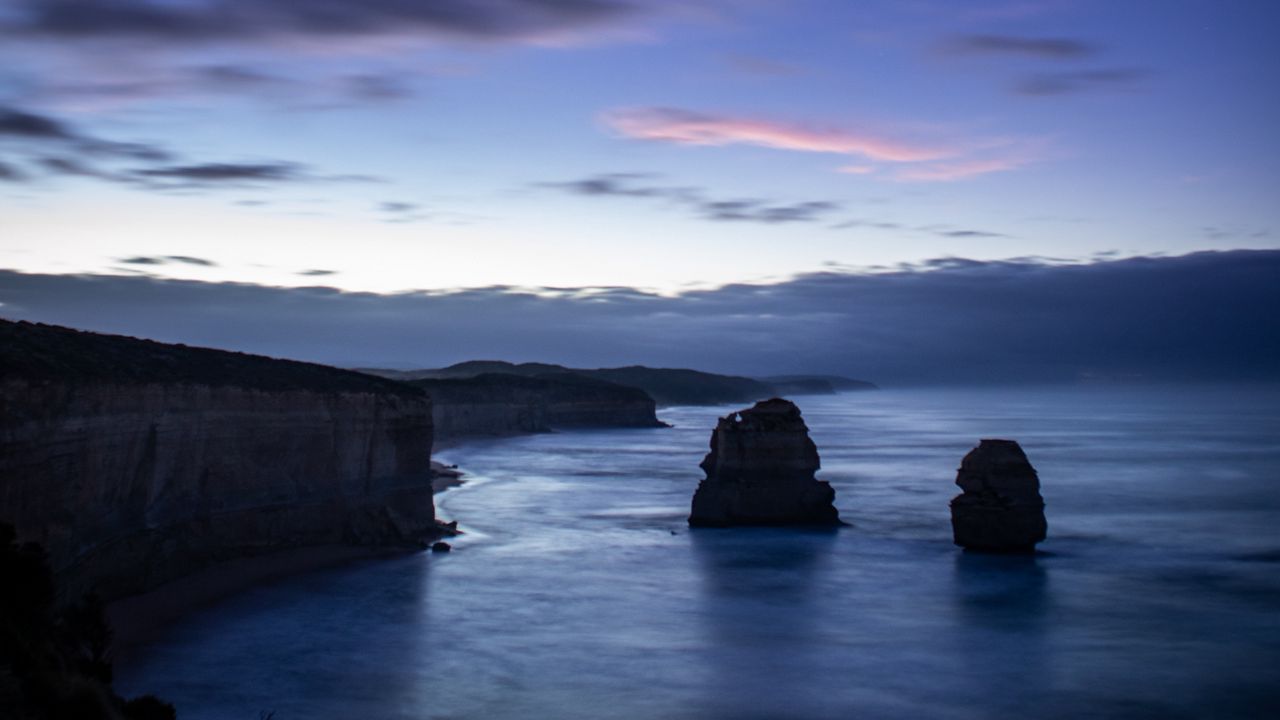 Wallpaper sea, rocks, cliff, twilight, landscape