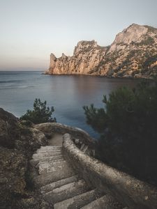 Preview wallpaper sea, rocks, coast, stairs, stone