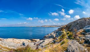 Preview wallpaper sea, rocks, coast, landscape, water, horizon, clouds, nature