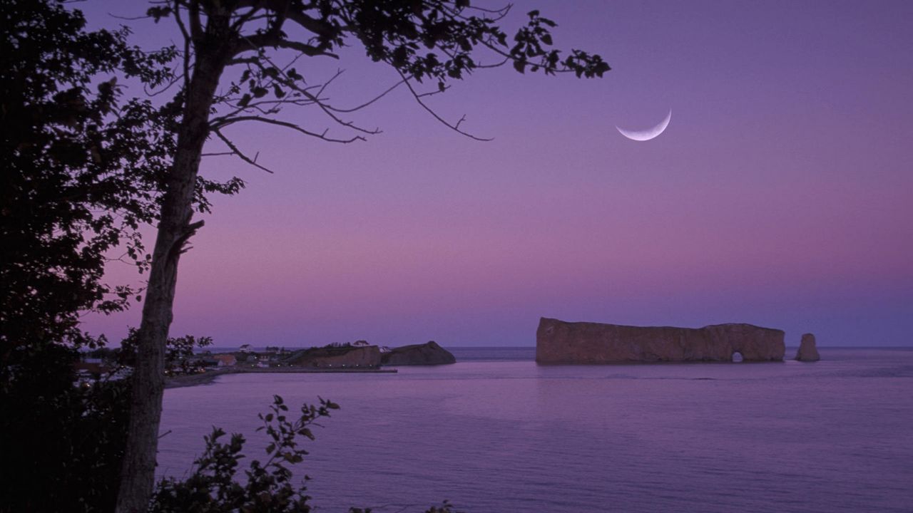 Wallpaper sea, rocks, evening, moon
