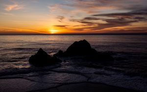 Preview wallpaper sea, rocks, horizon, sunset, dark