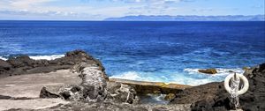 Preview wallpaper sea, rocks, lifebuoy, view