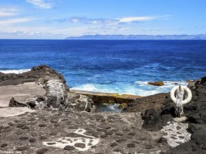 Preview wallpaper sea, rocks, lifebuoy, view