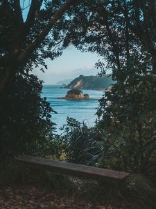 Preview wallpaper sea, rocks, shore, trees, bushes, view