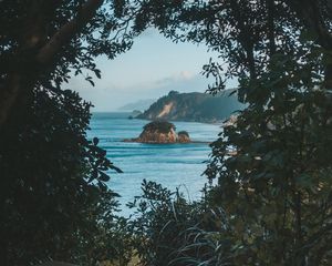 Preview wallpaper sea, rocks, shore, trees, bushes, view