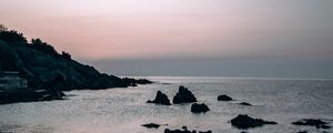 Preview wallpaper sea, rocks, stones, twilight, evening