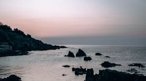 Preview wallpaper sea, rocks, stones, twilight, evening