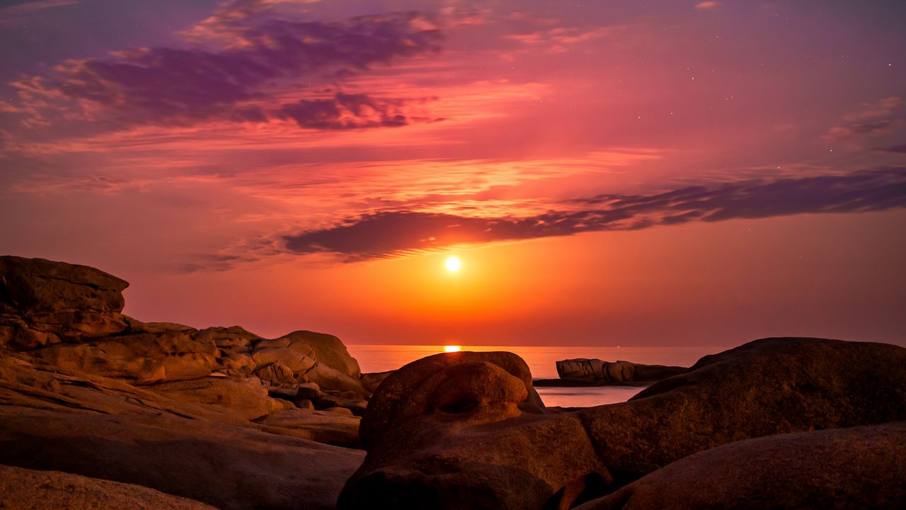 Wallpaper sea, rocks, sunset, sky, spain