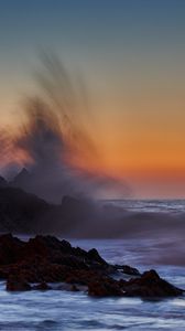 Preview wallpaper sea, rocks, surf, waves, sunset