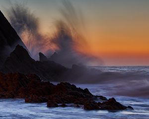 Preview wallpaper sea, rocks, surf, waves, sunset