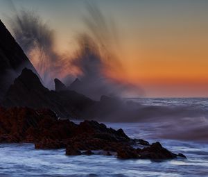 Preview wallpaper sea, rocks, surf, waves, sunset