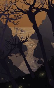 Preview wallpaper sea, rocks, trees, art, vector