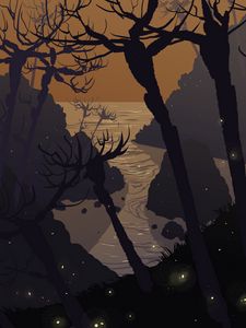 Preview wallpaper sea, rocks, trees, art, vector
