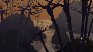 Preview wallpaper sea, rocks, trees, art, vector