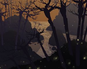 Preview wallpaper sea, rocks, trees, art, vector