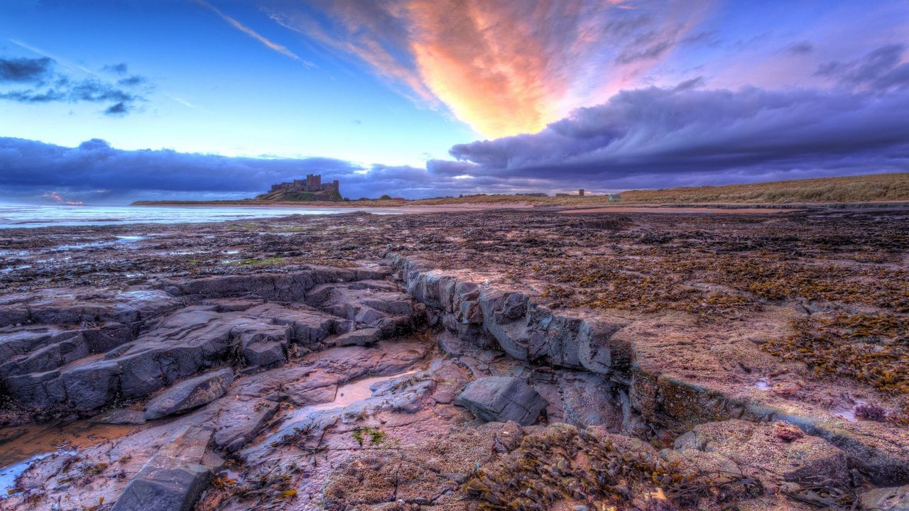 Wallpaper sea, rocky shore, sunset, landscape