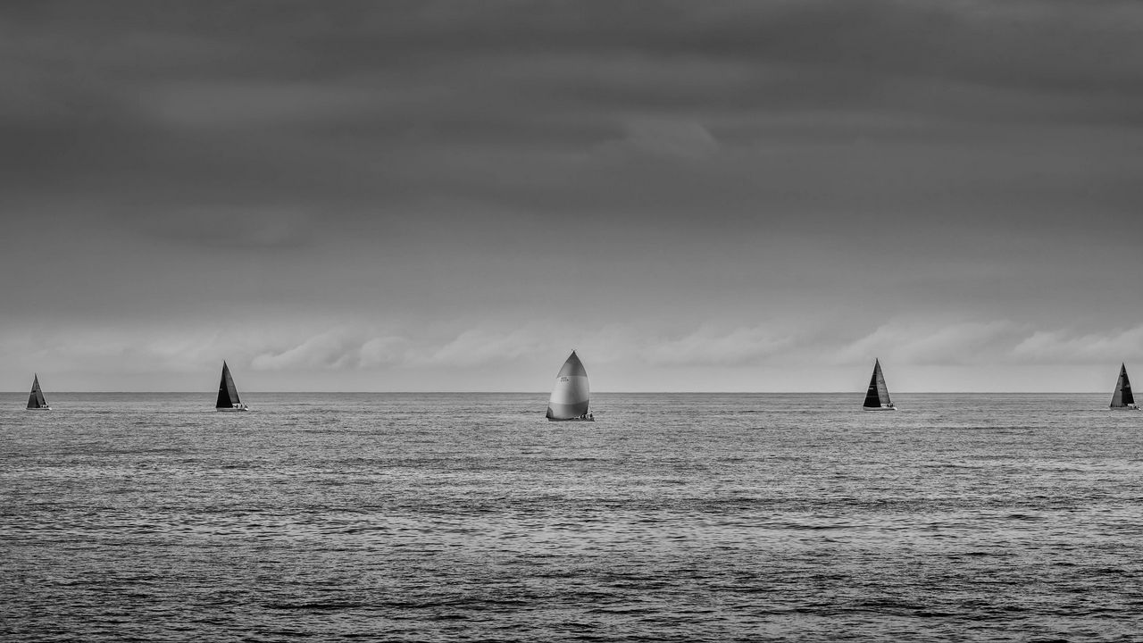 Wallpaper sea, sail, black and white, horizon