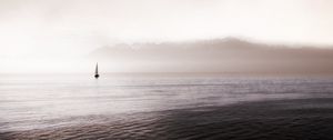 Preview wallpaper sea, sailboat, fog, waves, distance