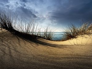 Preview wallpaper sea, sand, grass, hill, cloudy, coast, hollow