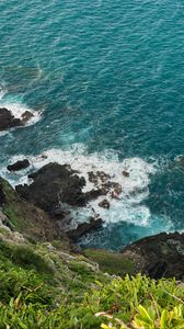 Preview wallpaper sea, sea foam, grass, stones