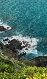 Preview wallpaper sea, sea foam, grass, stones