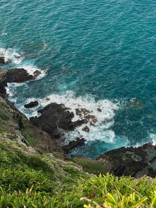 Preview wallpaper sea, sea foam, grass, stones