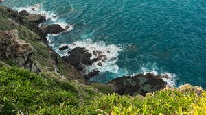 Preview wallpaper sea, sea foam, grass, stones