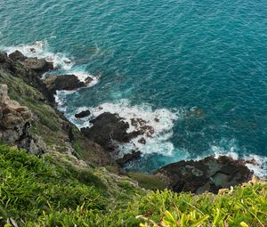 Preview wallpaper sea, sea foam, grass, stones
