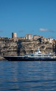 Preview wallpaper sea, ship, rocks, buildings