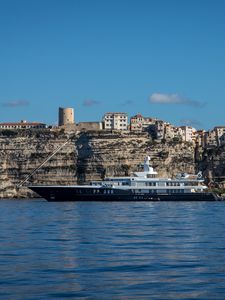 Preview wallpaper sea, ship, rocks, buildings