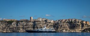 Preview wallpaper sea, ship, rocks, buildings