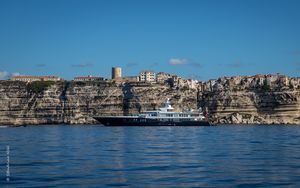 Preview wallpaper sea, ship, rocks, buildings