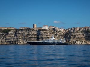 Preview wallpaper sea, ship, rocks, buildings