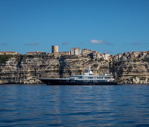 Preview wallpaper sea, ship, rocks, buildings