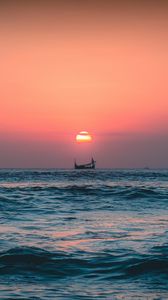 Preview wallpaper sea, ship, sunset, sun, waves