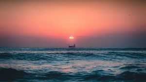 Preview wallpaper sea, ship, sunset, sun, waves