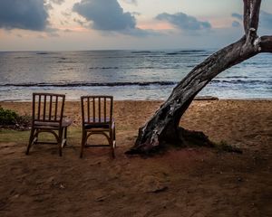 Preview wallpaper sea, shore, chairs, view, twilight, landscape