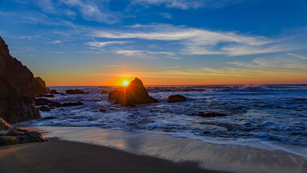Wallpaper sea, shore, rocks, surf, sunset