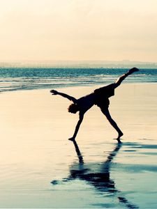 Preview wallpaper sea, shore, silhouette, water, sky, jump