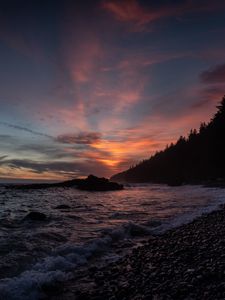 Preview wallpaper sea, shore, sunset, waves, dark