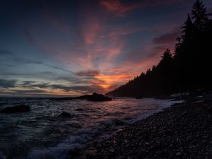 Preview wallpaper sea, shore, sunset, waves, dark