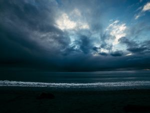 Preview wallpaper sea, shore, surf, night, overcast