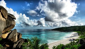 Preview wallpaper sea, sky, beach, rocks, landscape